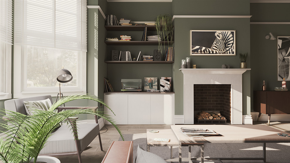 Photo of a medium sized retro enclosed living room with green walls, medium hardwood flooring, a standard fireplace, a plastered fireplace surround, a wall mounted tv and brown floors.