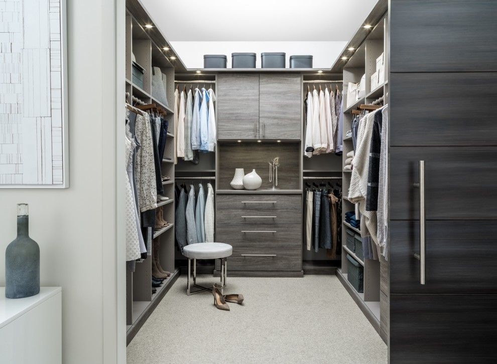 Design ideas for a contemporary gender neutral walk-in wardrobe with flat-panel cabinets, grey cabinets, carpet and beige floors.