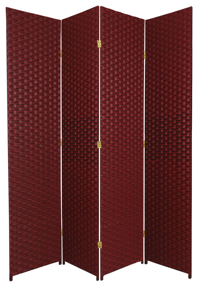 7' Tall Woven Fiber Room Divider, Red/Black, 4 Panel