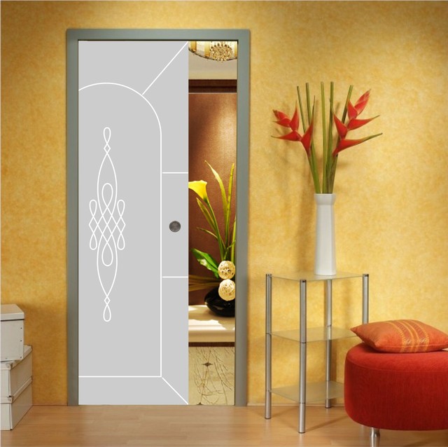 Pocket Fully Glass Sliding Door And Retro Frosted Etched Design Contemporary Interior Doors