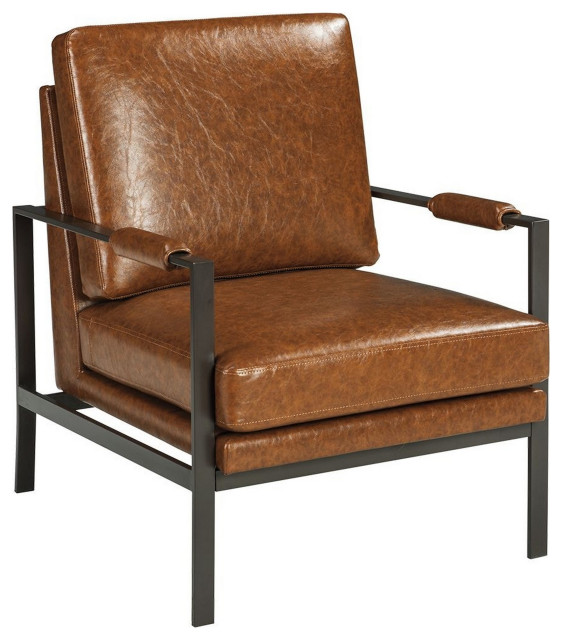Benzara BM207141 Metal Frame Accent Chair With Padded Arms and Sled Base, Brown
