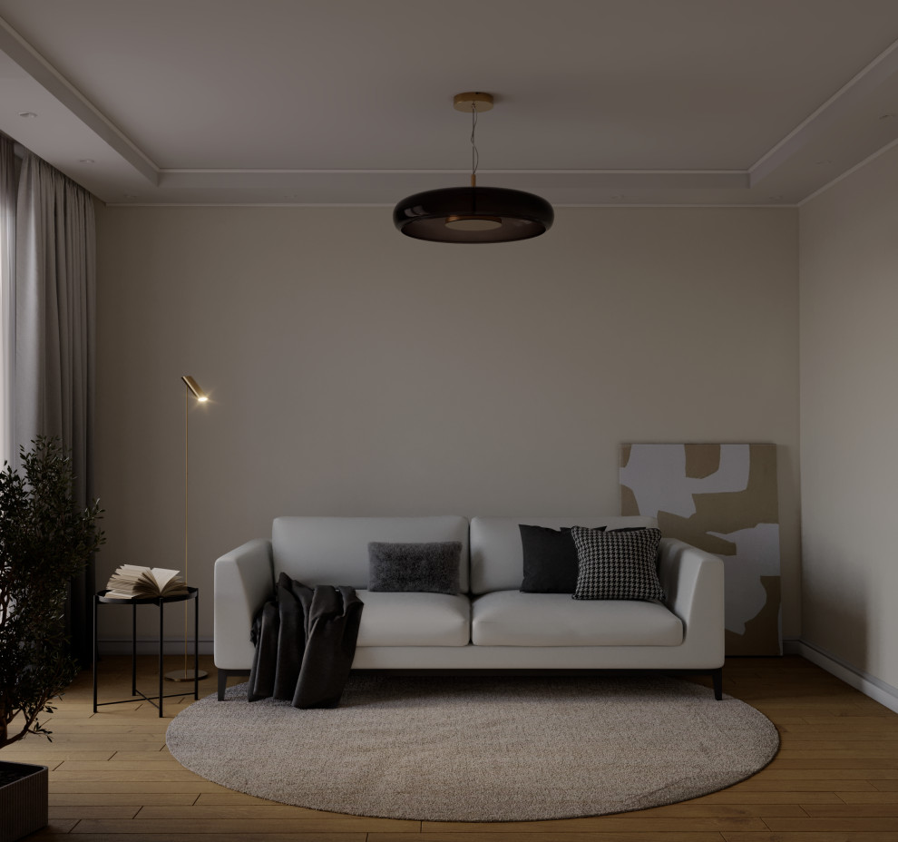 Modern inredning av ett vardagsrum, med beige väggar