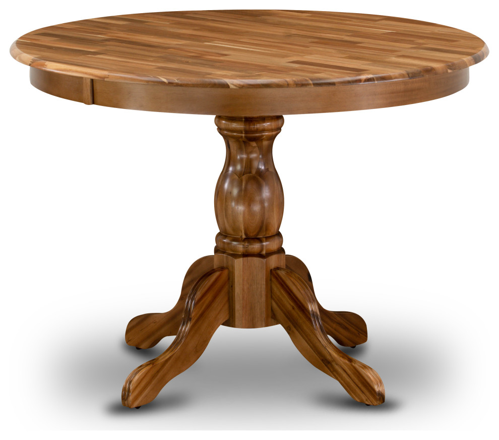 Dinner Table, Natural Acacia Color Top Surface, Asian Wood Table Pedestal Legs