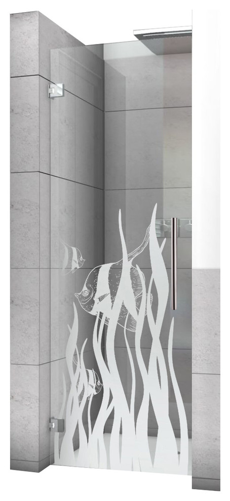 Hinged Alcove Shower Door With Fish Design, Non-Private, 24"x75" Inches, Left