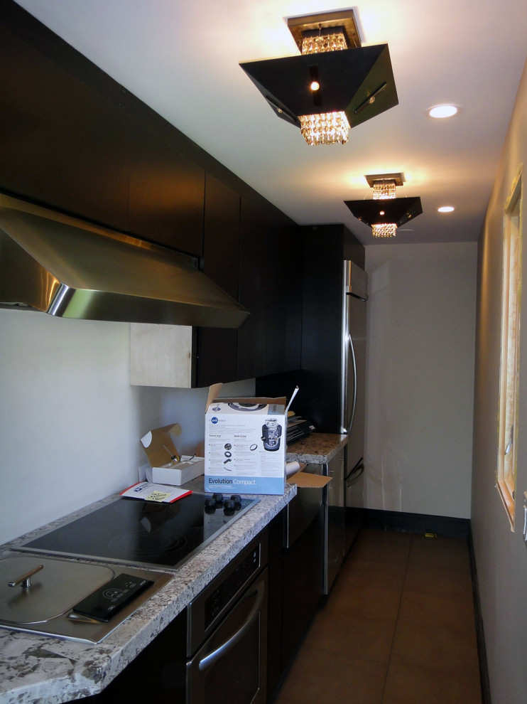 Photo of an expansive modern galley separate kitchen in Chicago with no island.