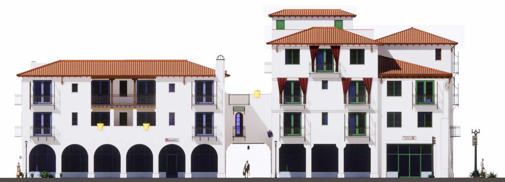На фото: огромный, белый многоквартирный дом в средиземноморском стиле с разными уровнями, облицовкой из цементной штукатурки, черепичной крышей и красной крышей с