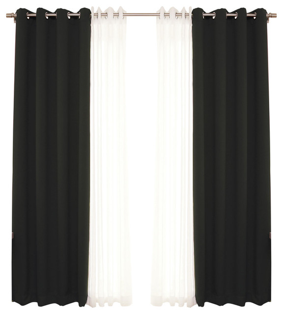 Gathered Sheer Linen and Blackout Curtain 4-Piece Set, Black