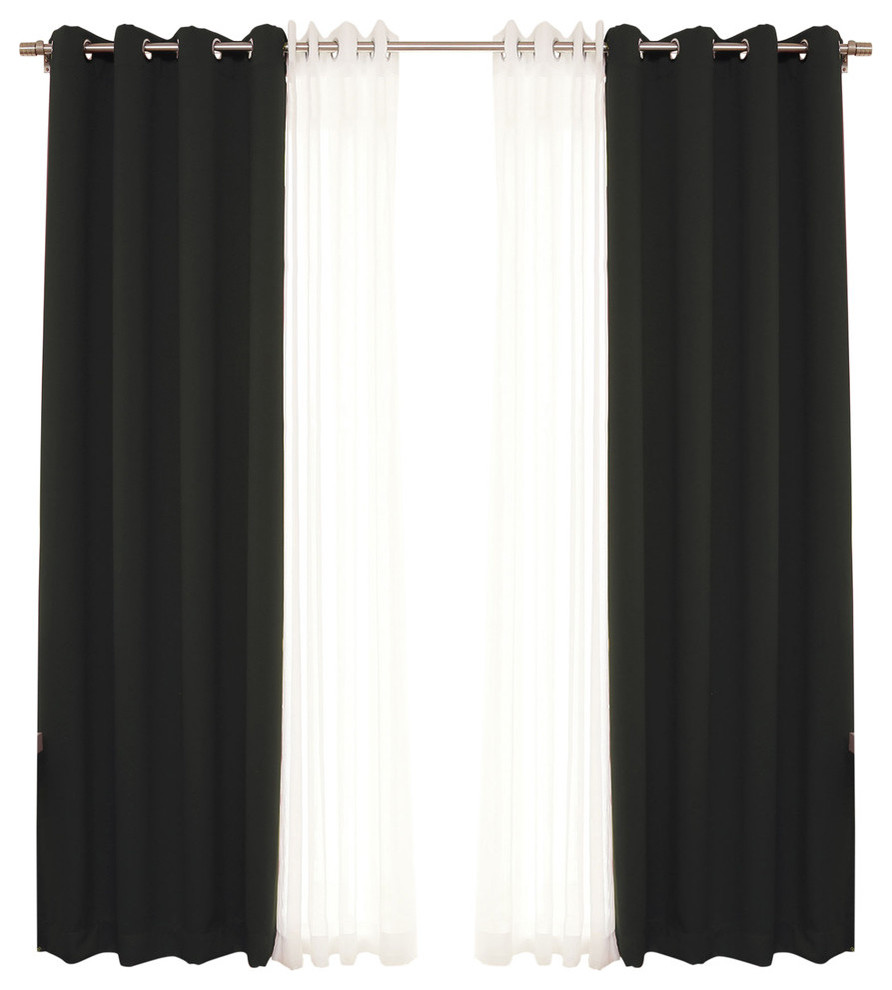Gathered Sheer Linen and Blackout Curtain 4-Piece Set, Black