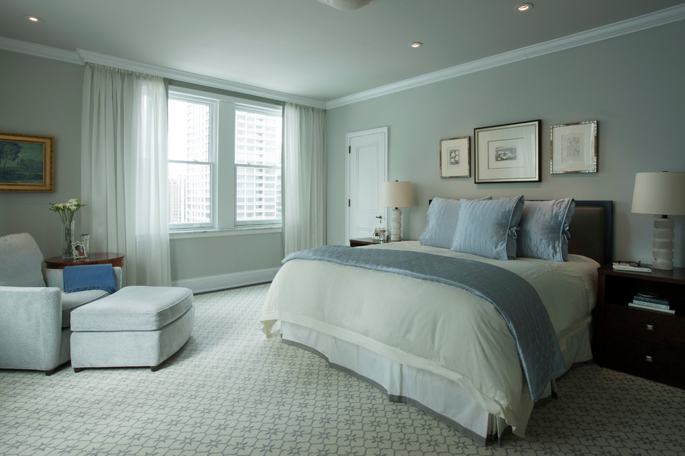 Design ideas for a large transitional guest bedroom in Chicago with grey walls, carpet, no fireplace and multi-coloured floor.