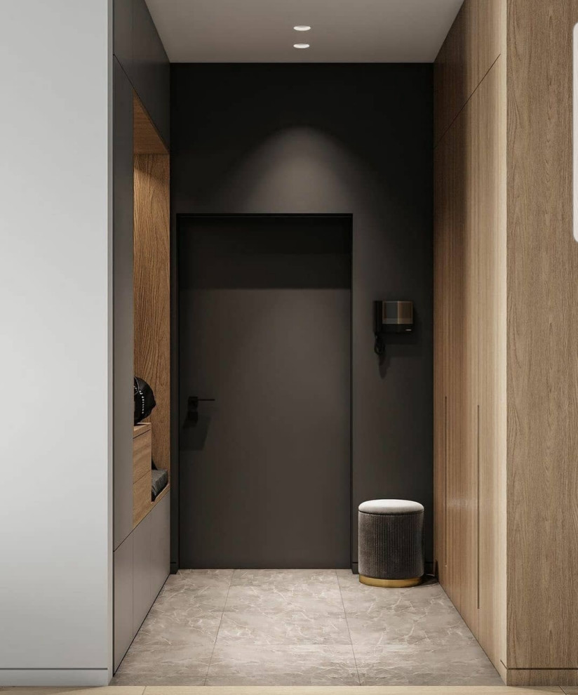 Immagine di un ingresso design di medie dimensioni con pavimento in marmo, una porta singola, una porta nera, pavimento beige, soffitto ribassato e pareti in legno