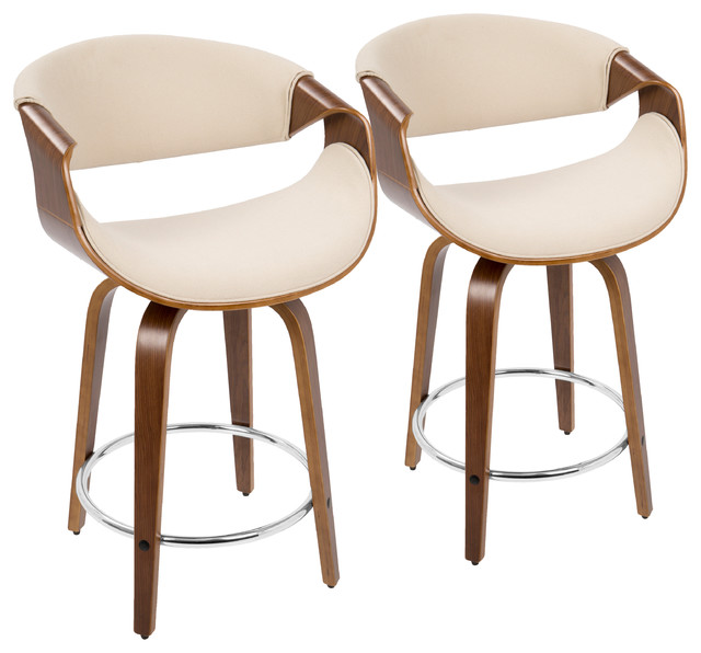 Curvini 24'' Counter Stool, Set of 2, Walnut Wood/Cream Fabric