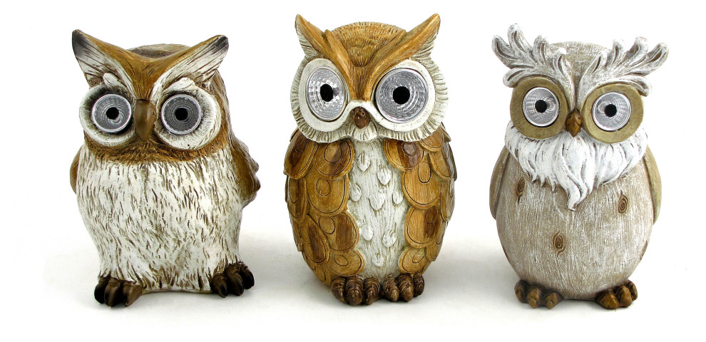 3-Piece Assorted Owl Set With Light-Up Solar Eyes