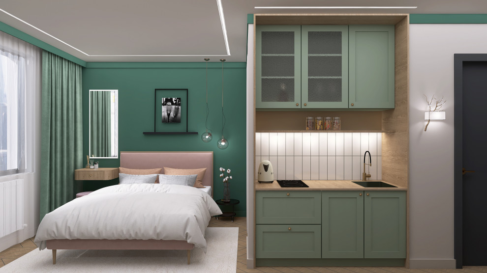 Квартира-студия 24 м2 "Зеленая гармония с розовым акцентом"