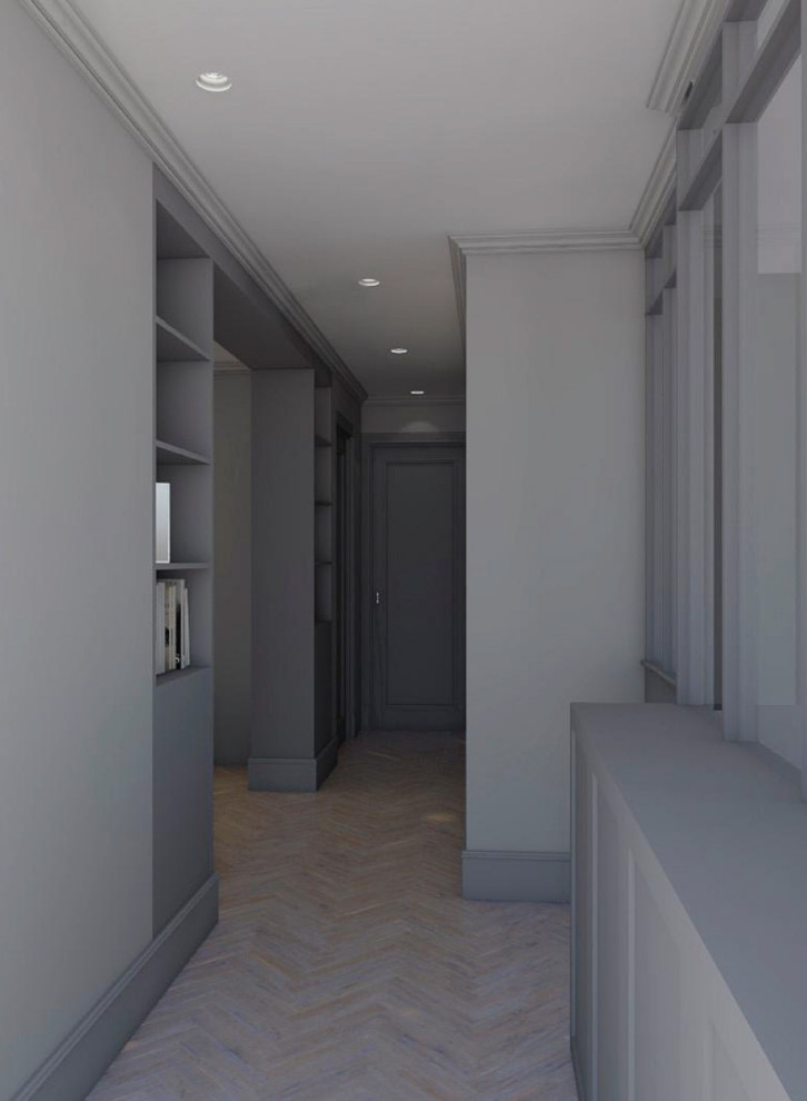 Hallway - mid-sized contemporary light wood floor and brown floor hallway idea in Bilbao with gray walls