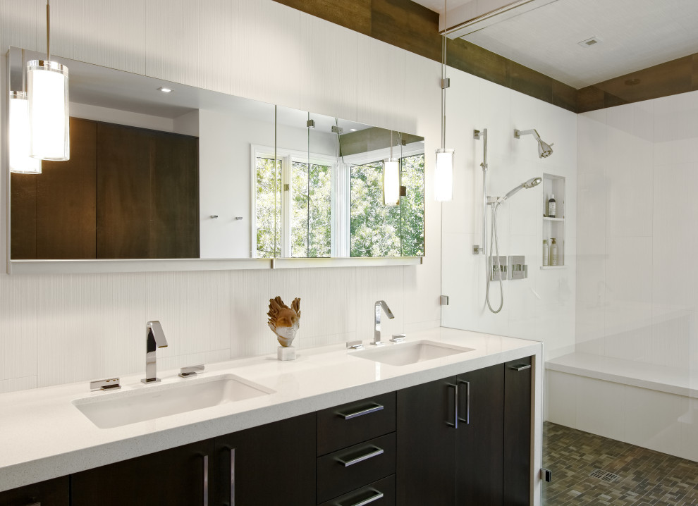 Photo of a mid-sized contemporary master bathroom in San Francisco with flat-panel cabinets, a drop-in tub, a shower/bathtub combo, white tile, white walls, an undermount sink, engineered quartz benchtops, an open shower, white benchtops, a double vanity and a built-in vanity.