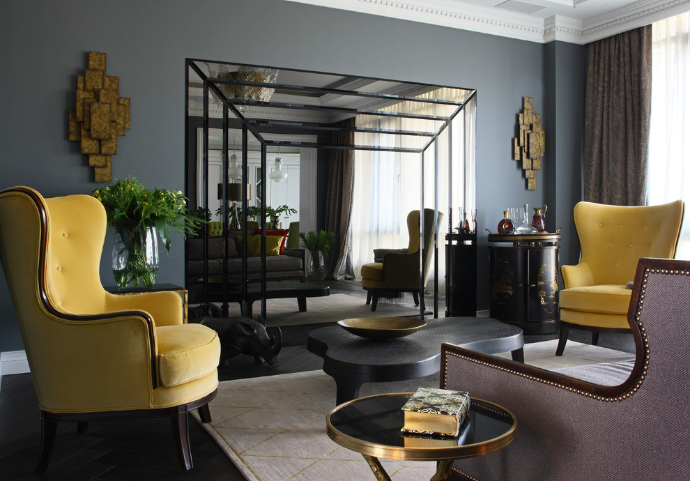 Inspiration for an eclectic formal living room in Moscow with grey walls.