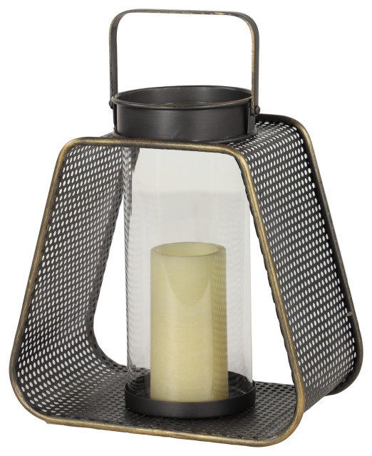 Rounded Triangle Black Metal Lantern Candle Holder with Handle & Gold
