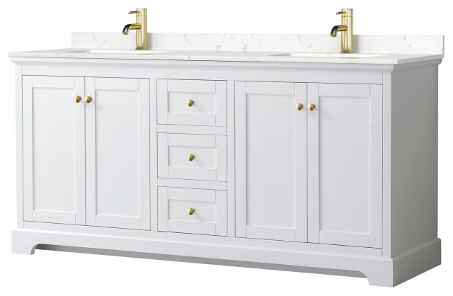 Avery 72" White Double Vanity, Carrara Cultured Marble Top, Gold Trim