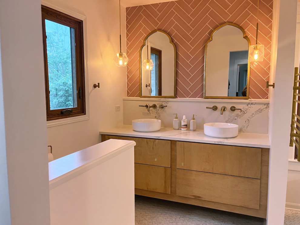 Inspiration for a large contemporary master bathroom in Chicago with light wood cabinets, pink tile, ceramic tile, white walls, mosaic tile floors, a vessel sink, quartzite benchtops, multi-coloured floor, white benchtops, a double vanity and a built-in vanity.