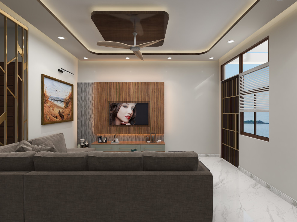 Diseño de salón para visitas cerrado moderno con paredes beige, suelo de baldosas de porcelana, pared multimedia y panelado