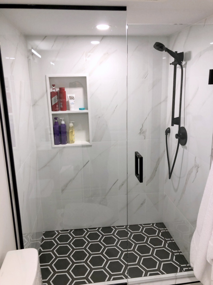 Inspiration for a small contemporary 3/4 bathroom in Toronto with flat-panel cabinets, white cabinets, an alcove shower, white tile, porcelain tile, white walls, terra-cotta floors, an integrated sink, solid surface benchtops, grey floor, a hinged shower door, white benchtops, a single vanity and a floating vanity.