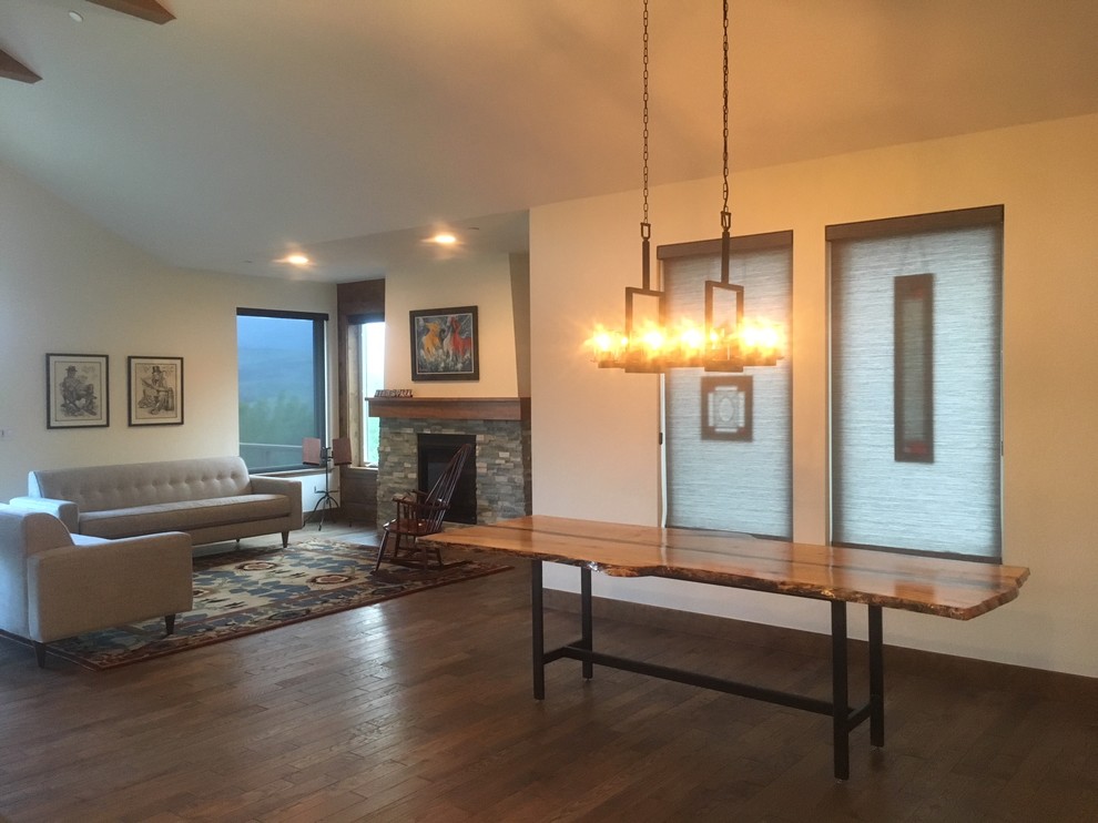 Large contemporary kitchen/dining combo in Denver with white walls, medium hardwood floors, a standard fireplace and a stone fireplace surround.