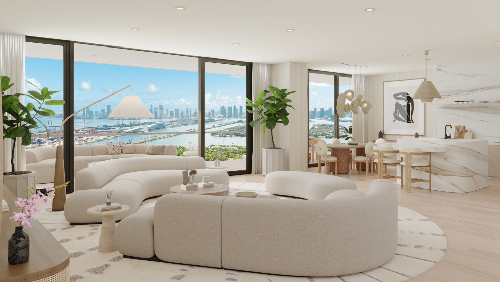 Photo of a large modern formal open concept living room in Miami with beige walls, light hardwood floors, a concealed tv, beige floor and wallpaper.