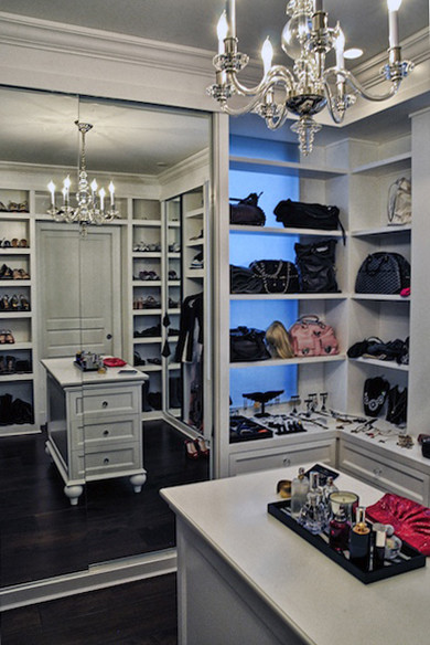 Inspiration for a mid-sized contemporary women's medium tone wood floor walk-in closet remodel in New York