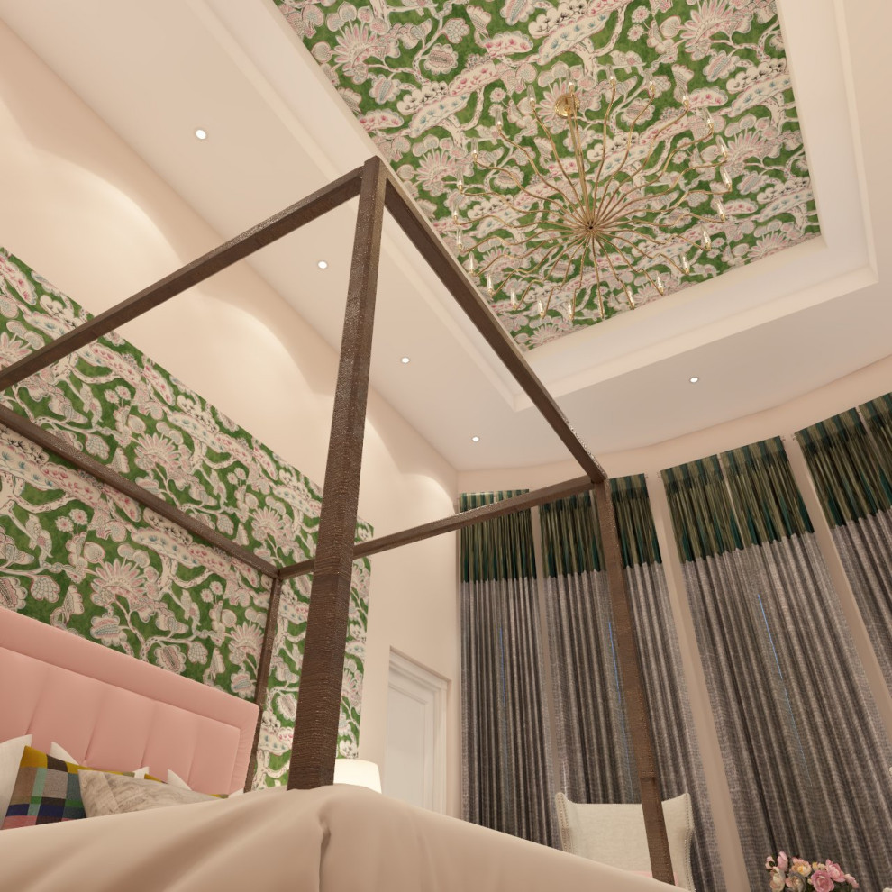 Ejemplo de dormitorio principal y abovedado ecléctico grande con paredes verdes, suelo de madera oscura, suelo marrón y panelado