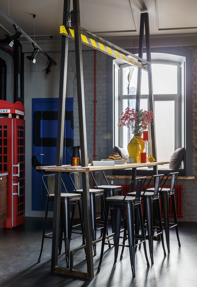 This is an example of a large industrial open plan dining in Saint Petersburg with grey walls, linoleum floors and grey floor.