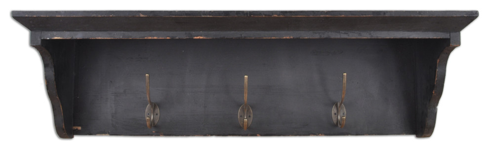 Distressed Wood Wall Shelf With Hooks, Shabby Black, 27"x8"