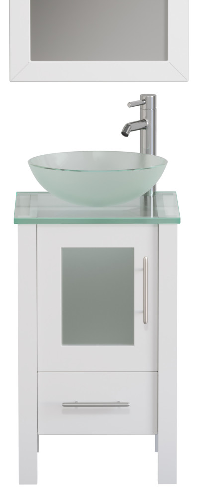 18" White Wood and Single Glass Vessel Sink Vanity Set "Ozark", Chrome Faucet
