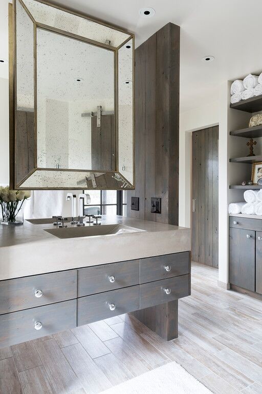 Inspiration for a large transitional master bathroom in Birmingham with an integrated sink, distressed cabinets, concrete benchtops, an alcove shower, white walls and linoleum floors.