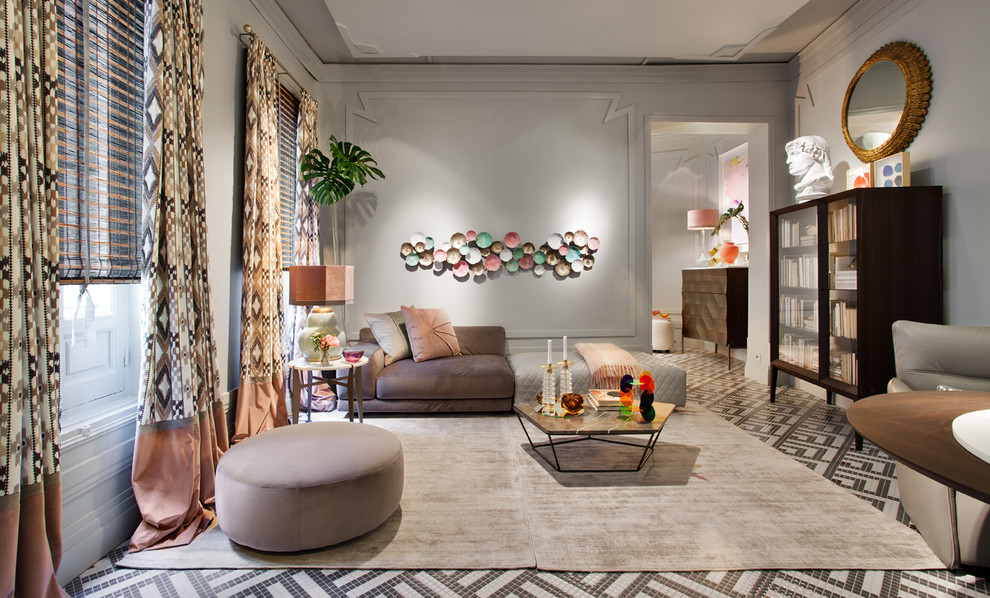 This is an example of an expansive eclectic living room in Madrid with grey floor.