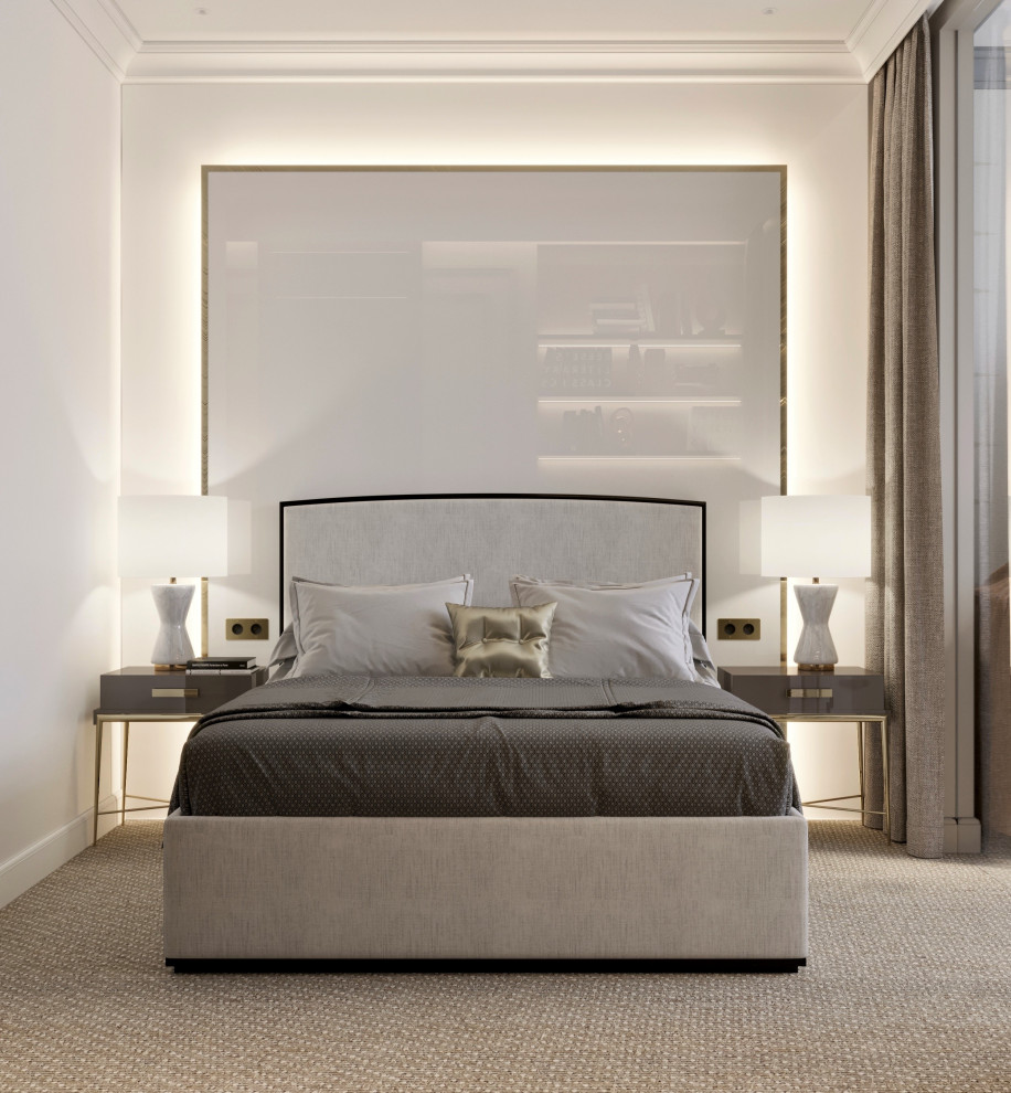 Modelo de dormitorio principal moderno pequeño con paredes blancas, moqueta y suelo beige