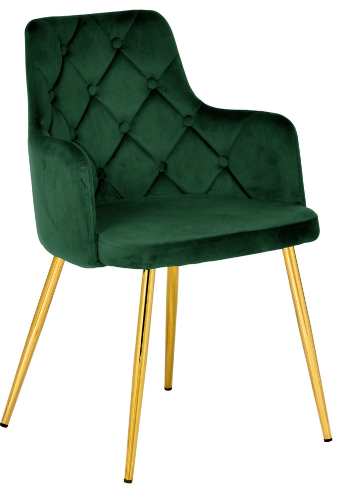 Salvatore Black Velvet Dining Chair Set of 2, Green, Gold Base