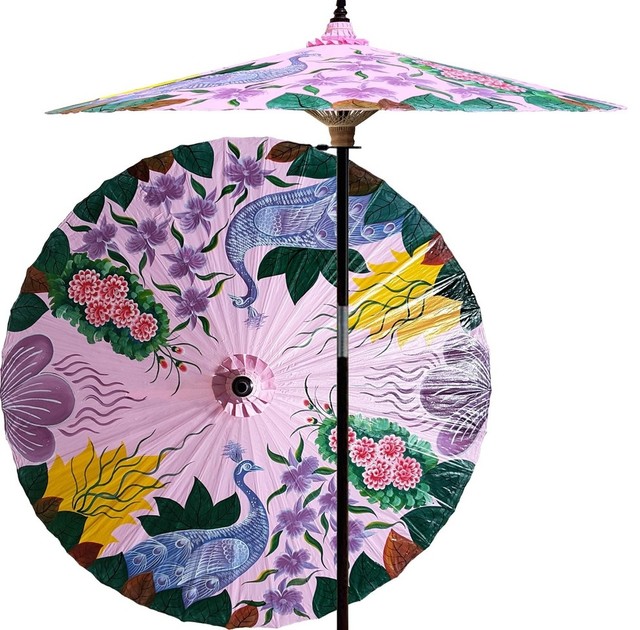 Peacock Garden Outdoor Patio Umbrella Pristine Pink Asian Outdoor Umbrellas By Oriental Decor