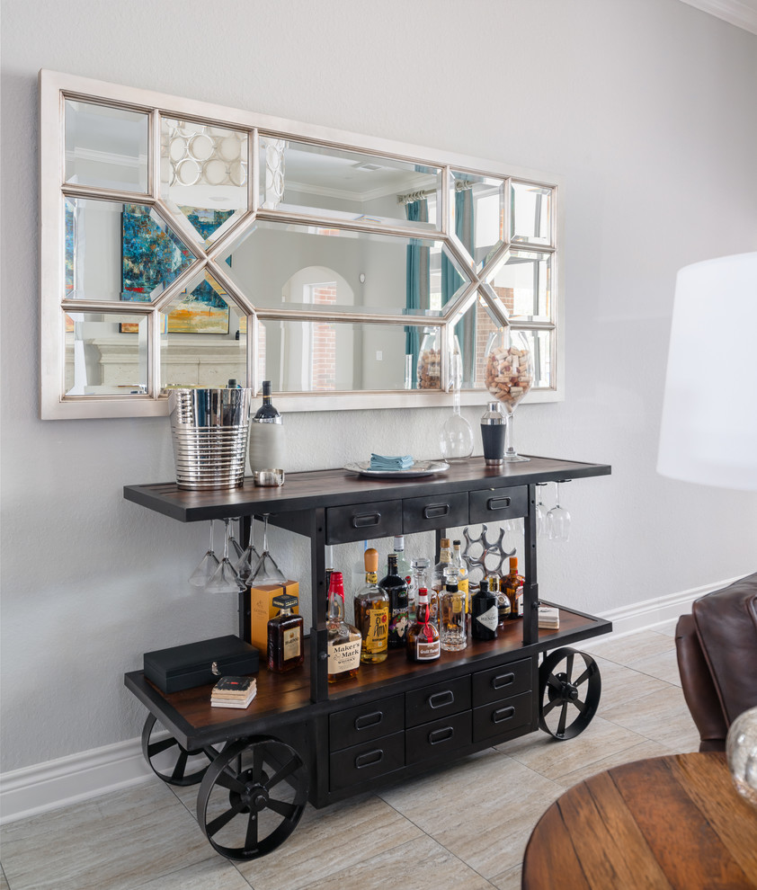 Design ideas for a transitional bar cart in Houston with black cabinets, wood benchtops, beige floor, brown benchtop and ceramic floors.