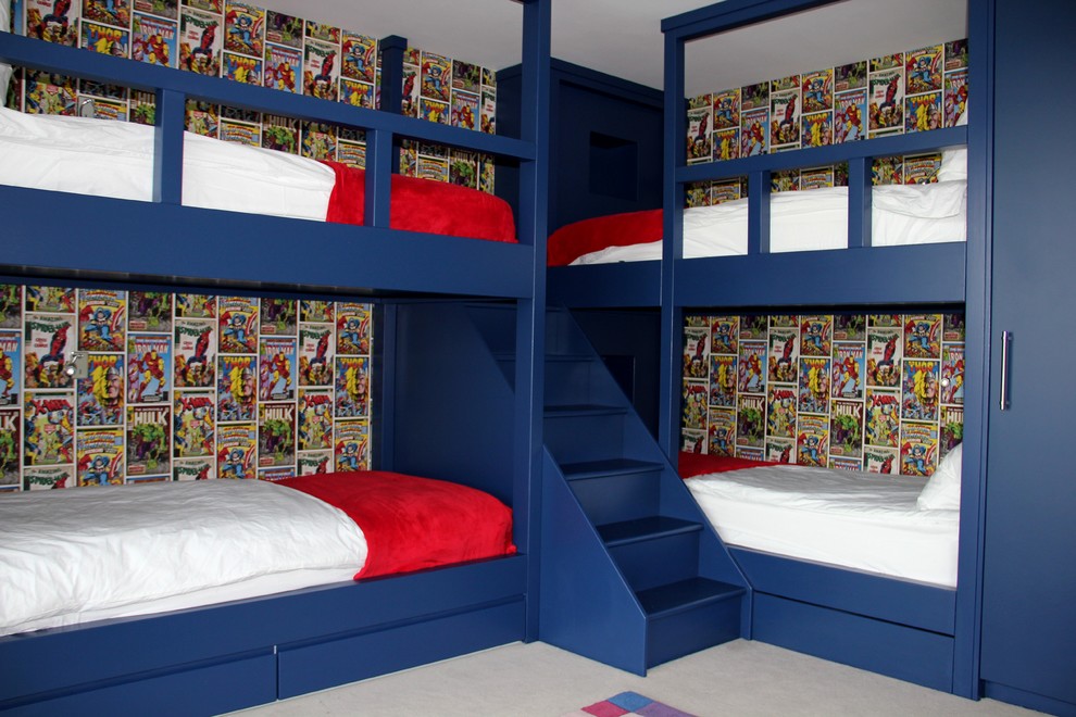 This is an example of a contemporary kids' bedroom for kids 4-10 years old and boys in Gloucestershire with carpet and beige floor.
