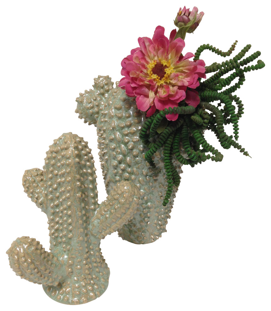 Ceramic Cactus Set with Silk Flower and Succulent