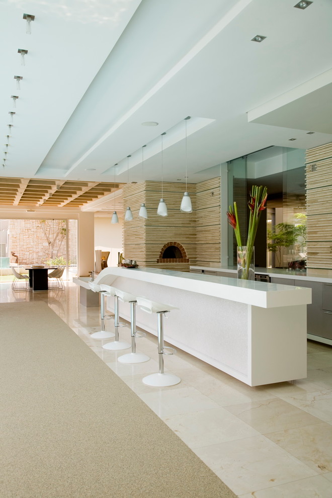 Свежая идея для дизайна: кухня-гостиная в современном стиле с плоскими фасадами и серыми фасадами - отличное фото интерьера