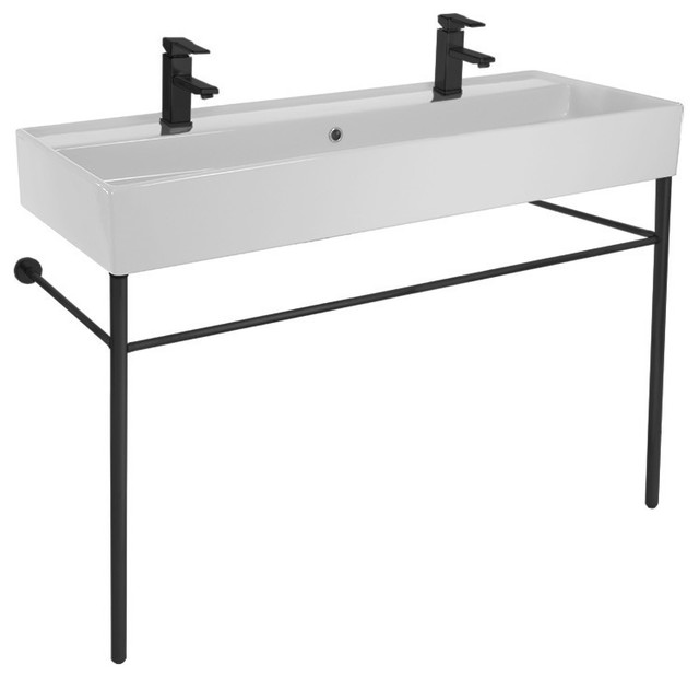 Double Ceramic Console Sink and Matte Black Stand Contemporary