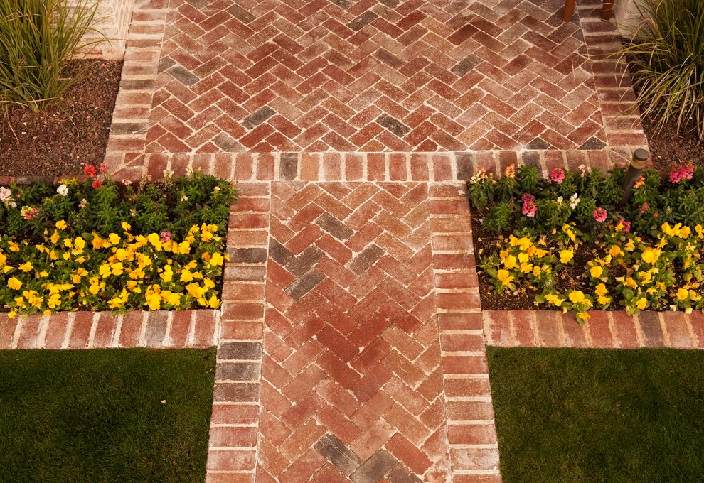 Mid-sized traditional front yard patio in Orange County with a fire feature, brick pavers and no cover.
