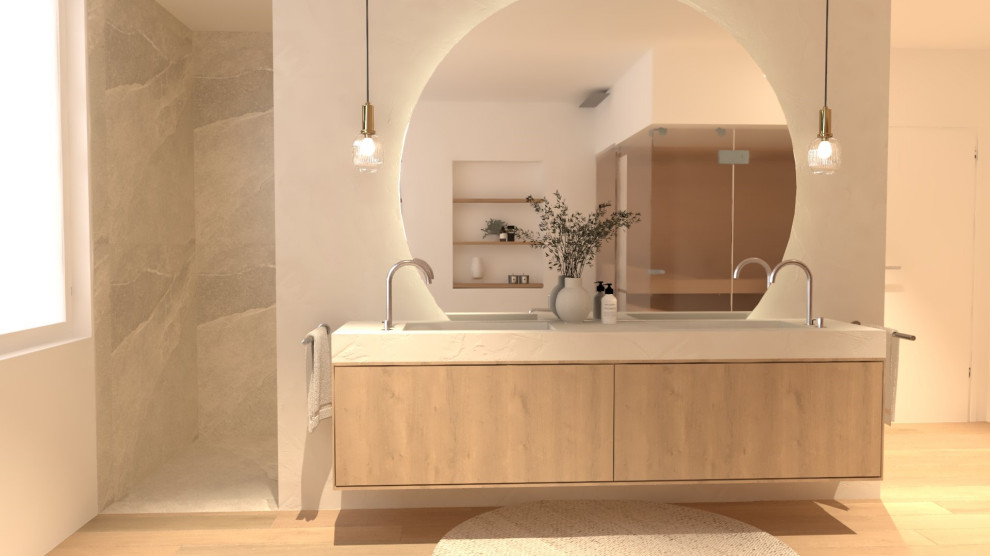 Ejemplo de cuarto de baño flotante mediterráneo con imitación a madera