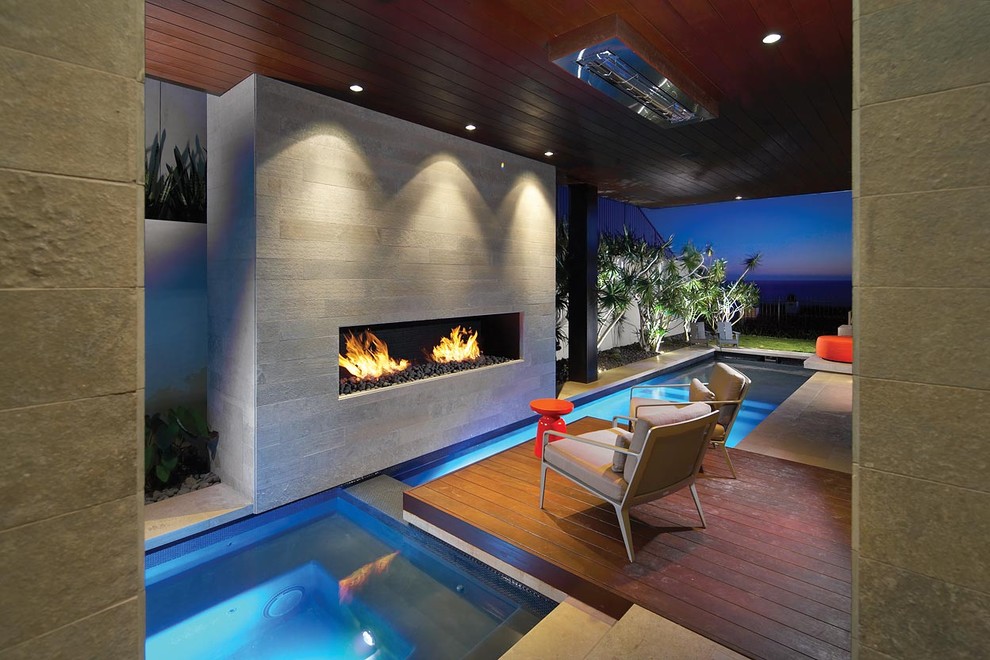 Inspiration for a modern indoor custom-shaped pool in Orange County.