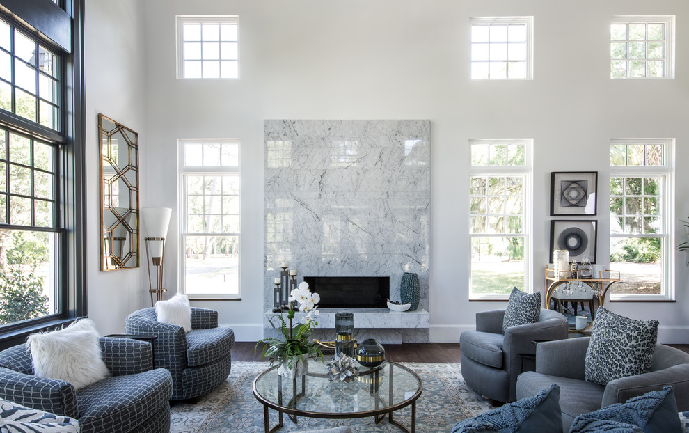 Living room - transitional formal dark wood floor living room idea in Atlanta with white walls and a ribbon fireplace