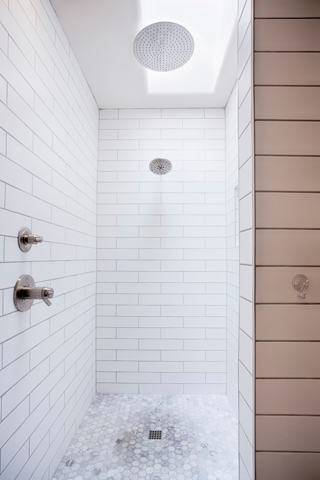 Huge transitional master brown tile and porcelain tile porcelain tile freestanding bathtub photo in Phoenix with shaker cabinets, white cabinets, a two-piece toilet, gray walls, an undermount sink and quartzite countertops