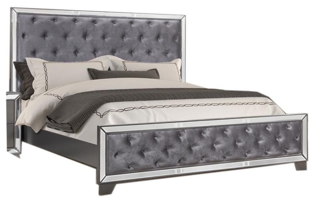 Beronica Tufted Dark Grey Mirrored California King Bed Transitional