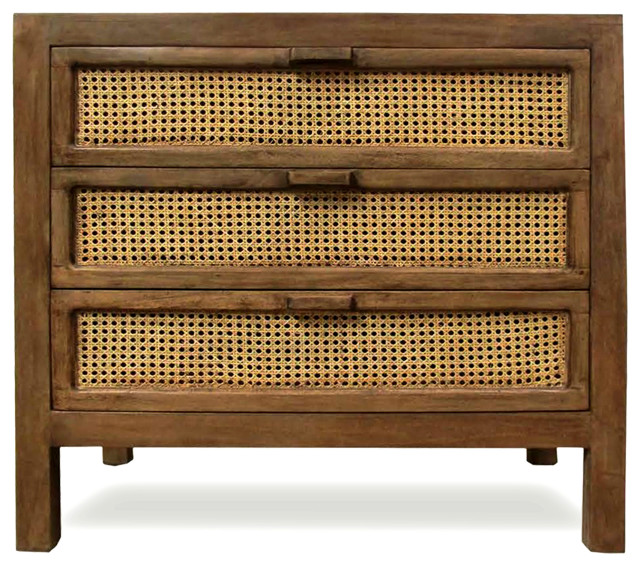 Easton 3, Drawer Chest, Mango Wood Finish, Woven Cane Panels Tropical Accent Chests And