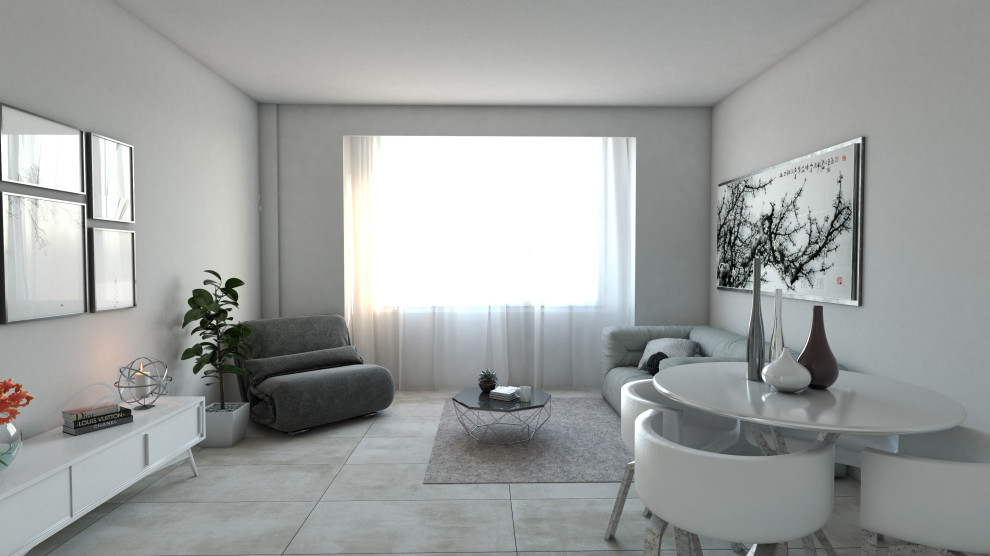 Ispirazione per un piccolo soggiorno contemporaneo chiuso con pareti bianche, pavimento in gres porcellanato e pavimento grigio